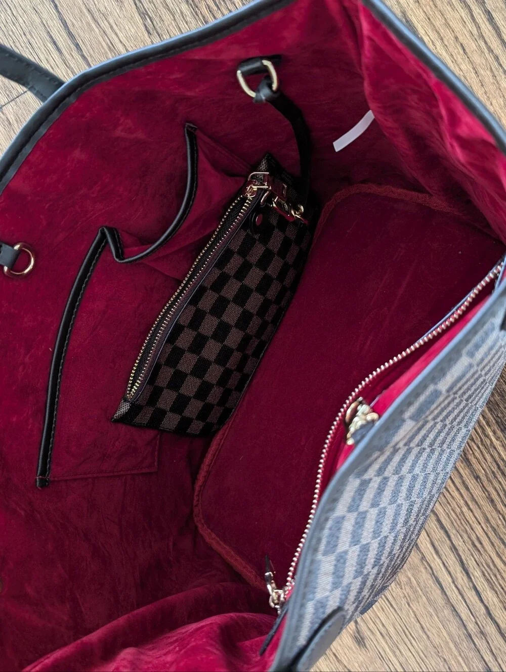 Mila Kate Brown Faux Leather Checked Never Full Large Tote Handbag Red Interior